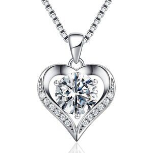 Sterling Silver Heart Moissanite Necklace for Women, 1 Carat, Elegant Gift